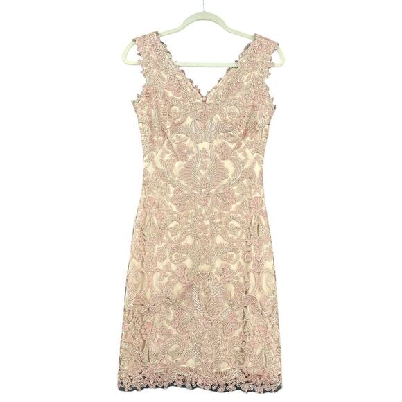 Tadashi Shoji Beige Pink Embroidery Lace V-Neck‎ Sleeveless Cocktail Dress 2 - Picture 1 of 8